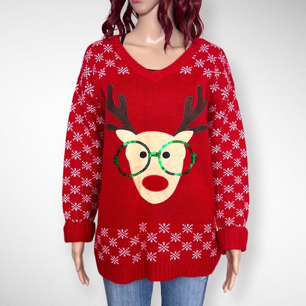 Tiara International Novelty Holiday Sweater Womens Large Red Sequin Reindeer